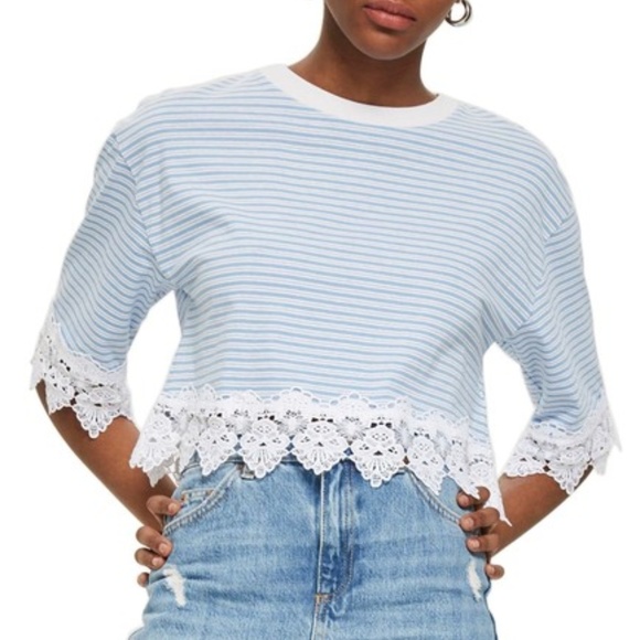 TOPSHOP Stripe Lace Hem Crop Shirt - Picture 2 of 2
